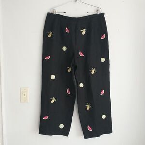Vtg Talbots Pants Womens 18 Black Embroidered Fruits 109% Irish Linen Novelty